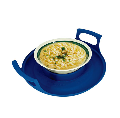 Handy Gourmet Microwave Cool Caddy blue, side view keeps hands cool when lifting hot bowls.