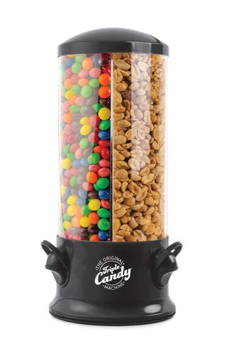 Handy Gourmet triple candy dispenser front view with three snack compartments for easy sharing.