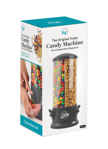 Handy Gourmet triple candy dispenser in use on a table ready for jelly beans and nuts.
