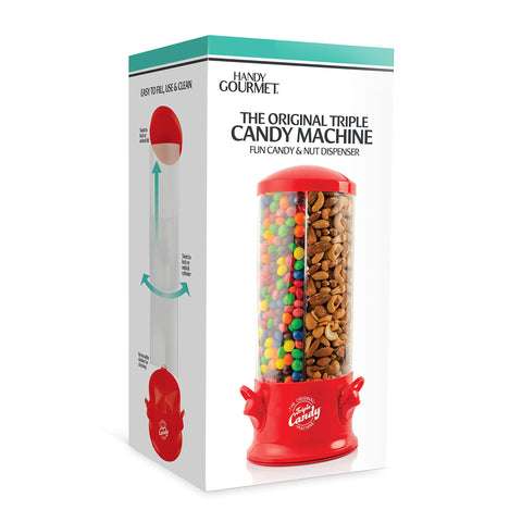 Handy Gourmet triple candy machine front view in red, ideal as a gift option.