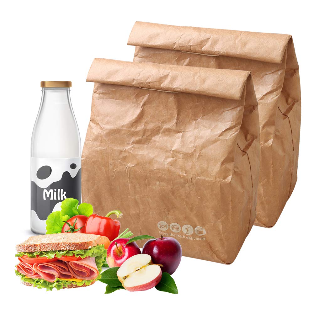 Hangnuo insulated brown paper lunch bag open showing interior lining for fresh meals.