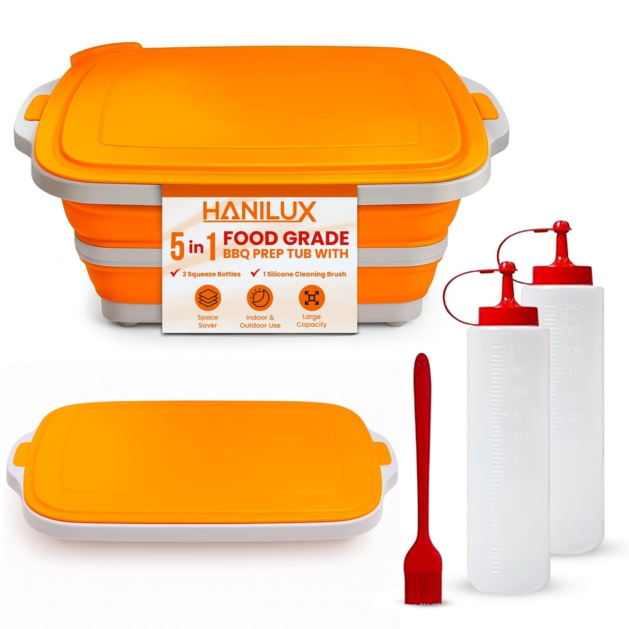 HANILUX Collapsible BBQ tub with lid for easy storage and grilling prep.