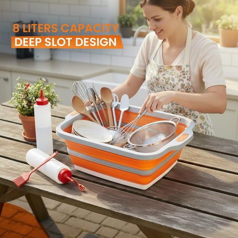 HANILUX space-saving foldable tub frees cabinet space when camping.