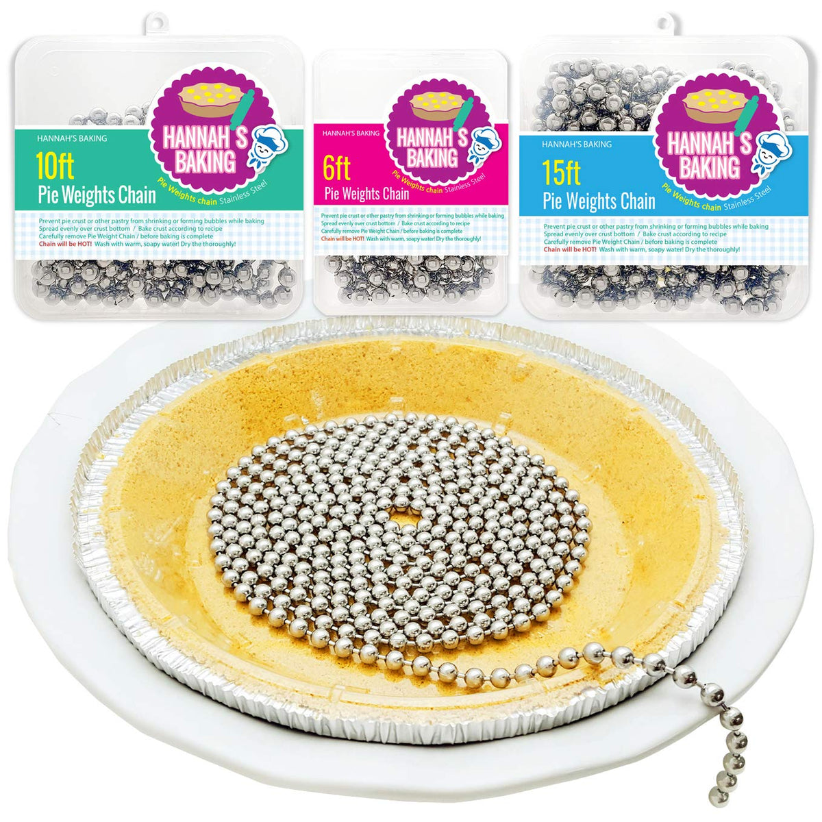 HANNAH'S BAKING pie chain weights in durable loop configuration for even blind baking