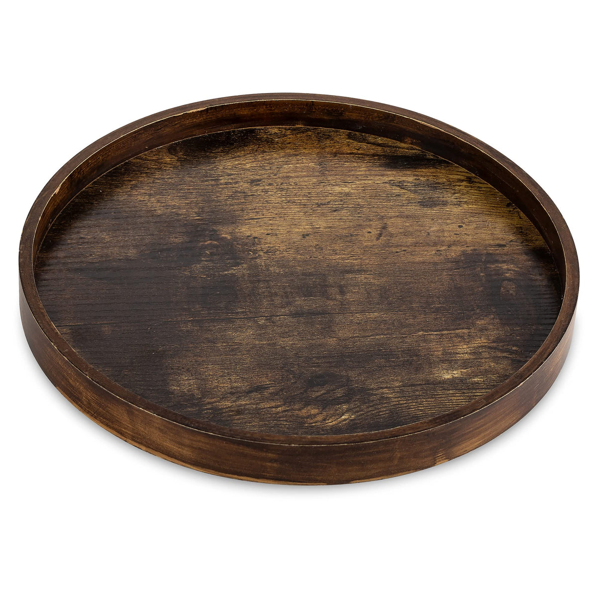 Hanobe round brown decorative tray on coffee table organizes remotes and snacks.