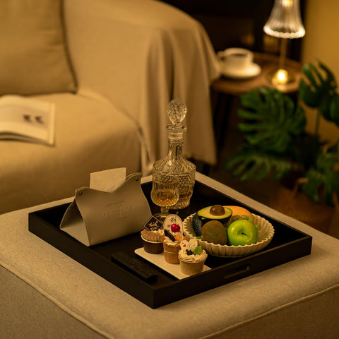 Hanobe ottoman tray keeps remotes and magazines neatly organized