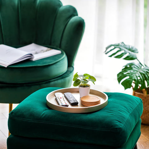 Hanobe champagne gold tray pairs with candles, coasters, and florals for mood-enhancing decor.