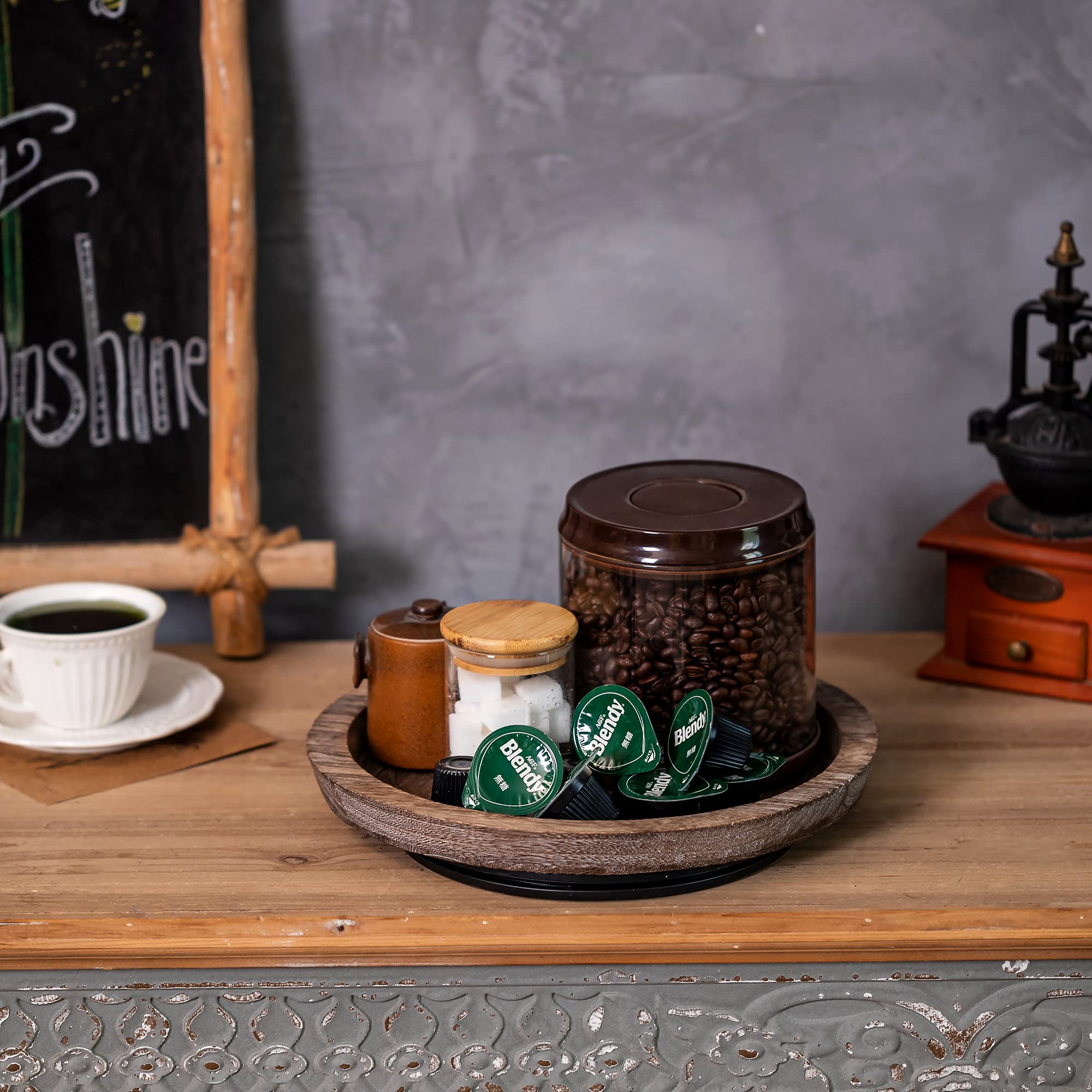 Hanobe turntable rustic tray on coffee table displaying drinks and treats
