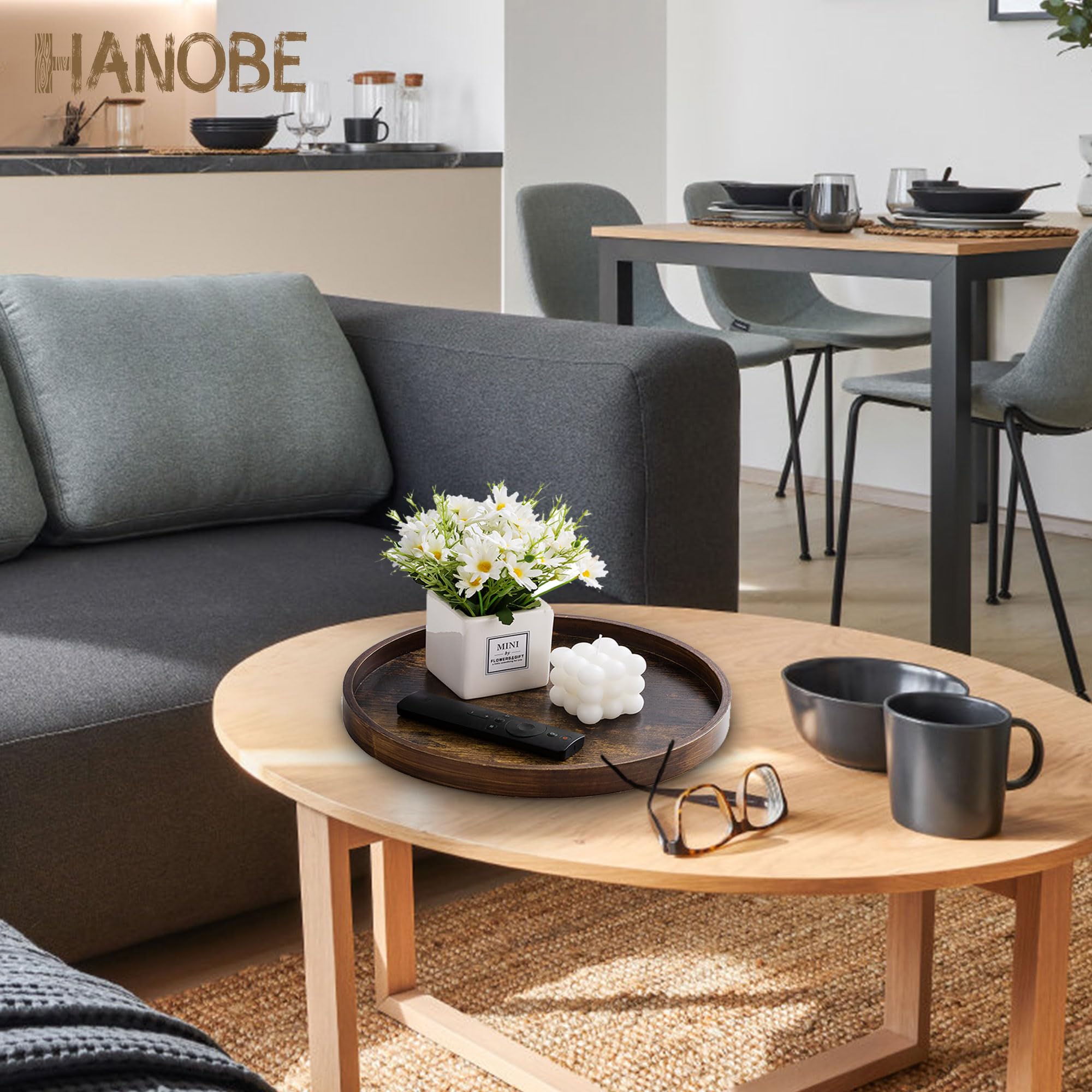 Hanobe wood tray showing 12-inch diameter and sturdy construction.