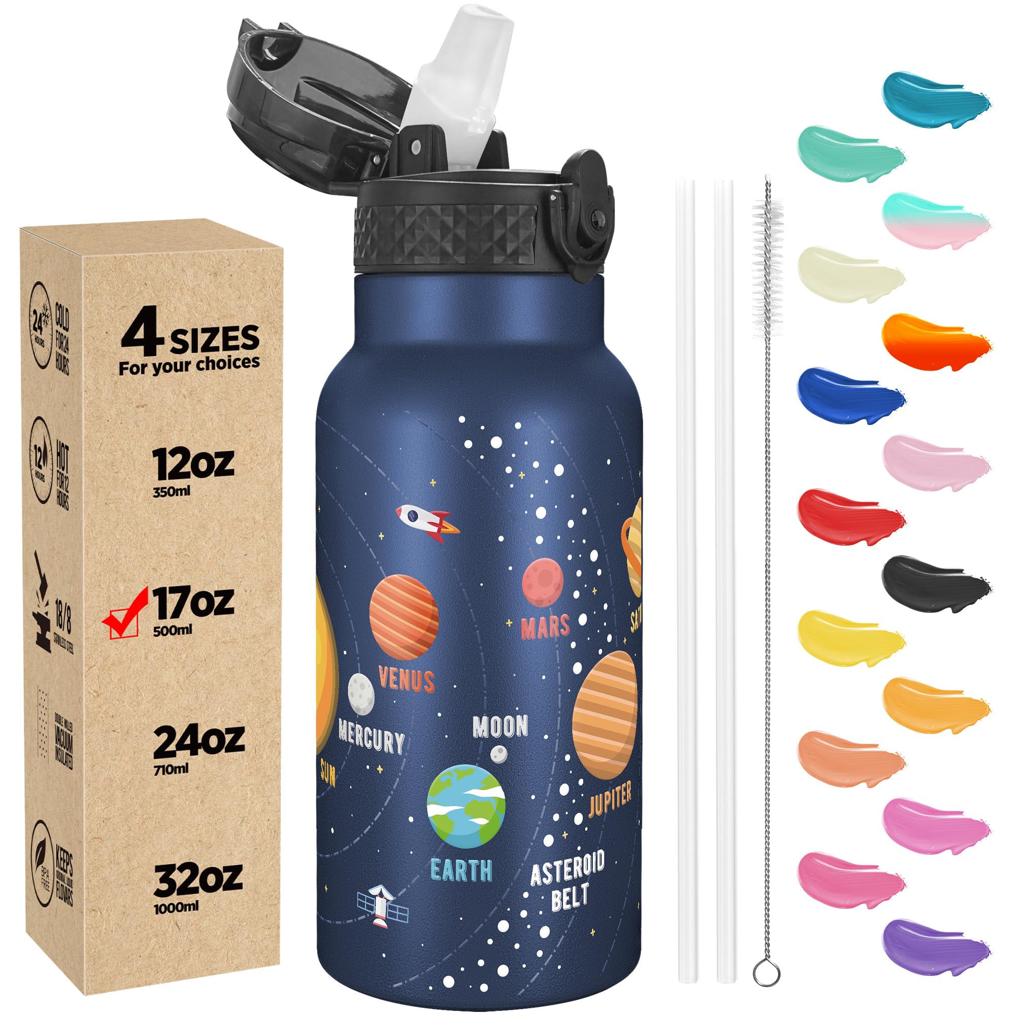Han's Bottle Space Planet 17oz, kid-friendly insulated tumbler for hot or cold drinks.