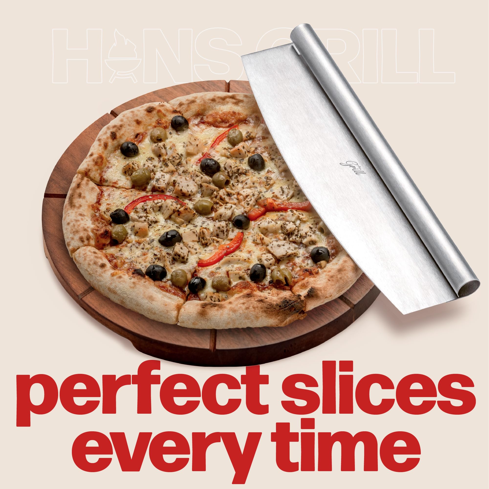 Hans Grill acacia wood pizza board with natural grain and sturdy serving surface.