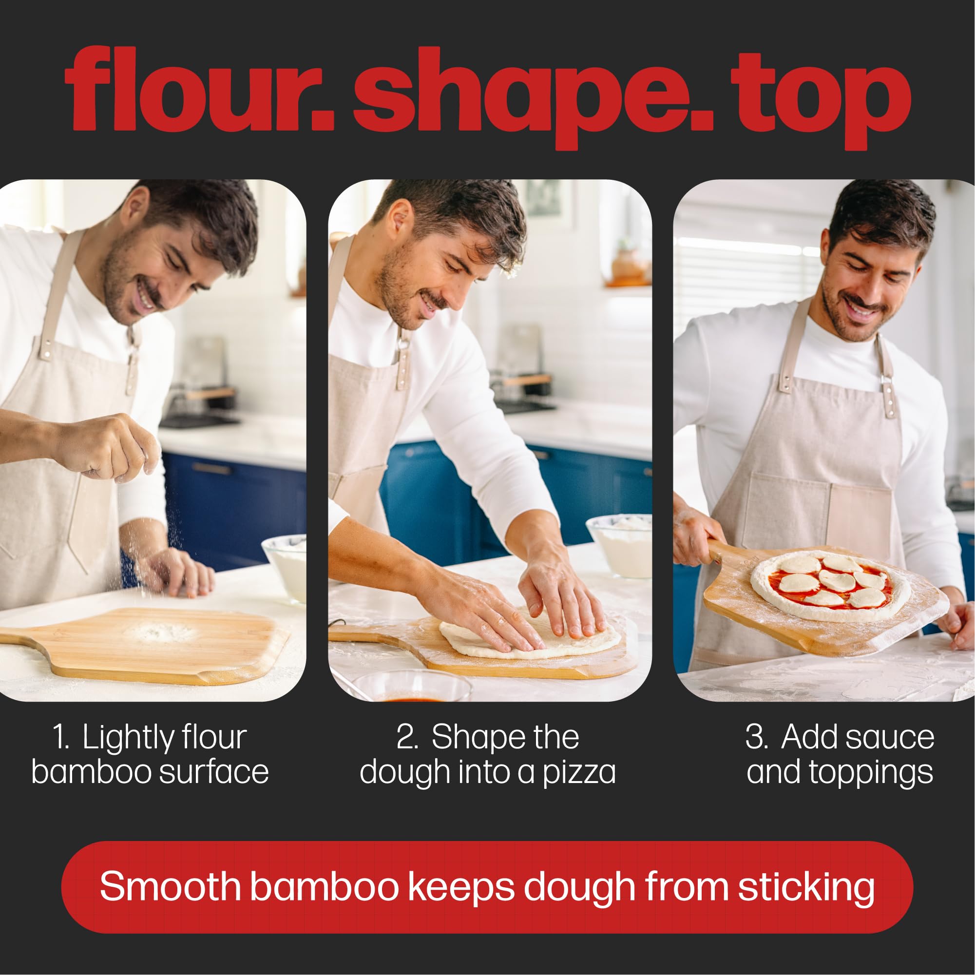 Hans Grill long-handle bamboo peel keeps hands safe during transfers.