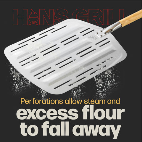 Hans Grill Pizza Peel PRO non-stick surface reduces flour mess when sliding pizzas.