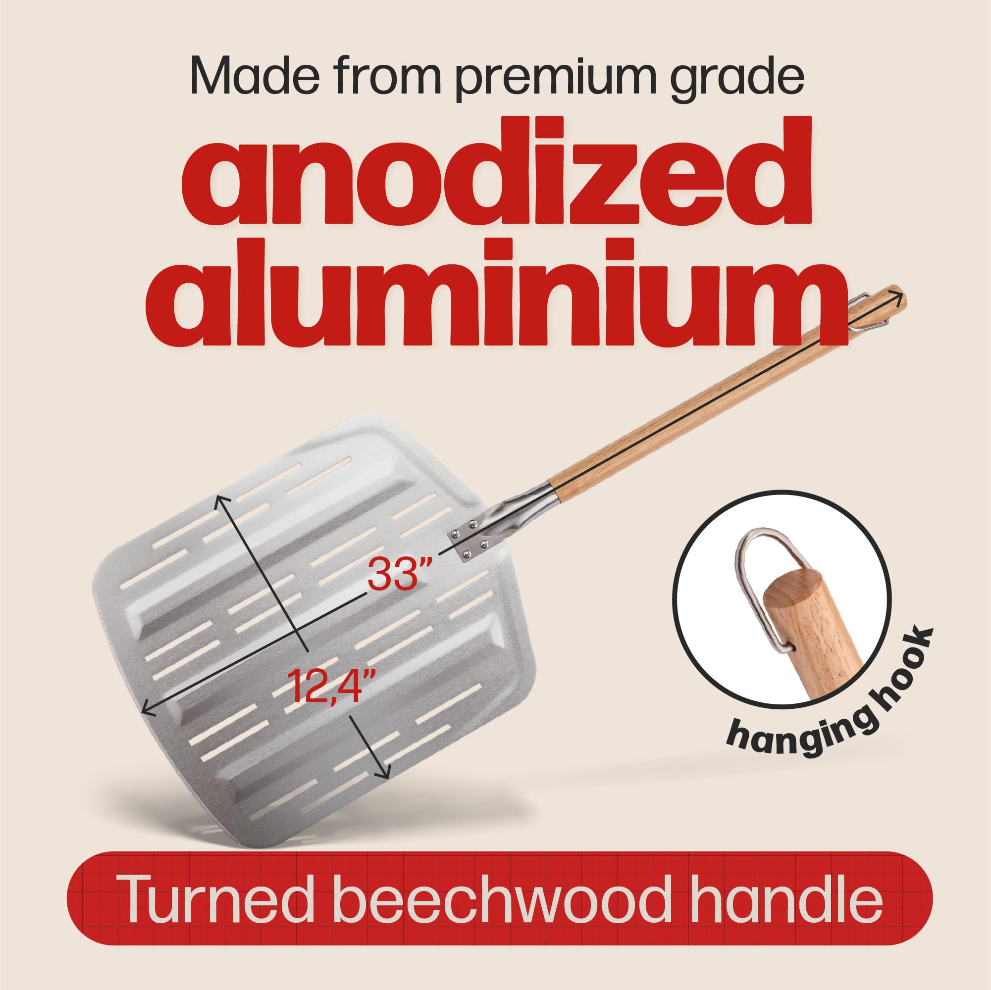 Hans Grill Pizza Peel PRO wooden handle provides safe handling during oven transfers.