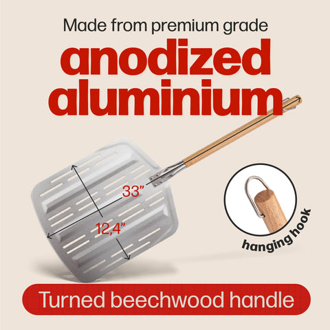 Hans Grill Pizza Peel PRO wooden handle provides safe handling during oven transfers.