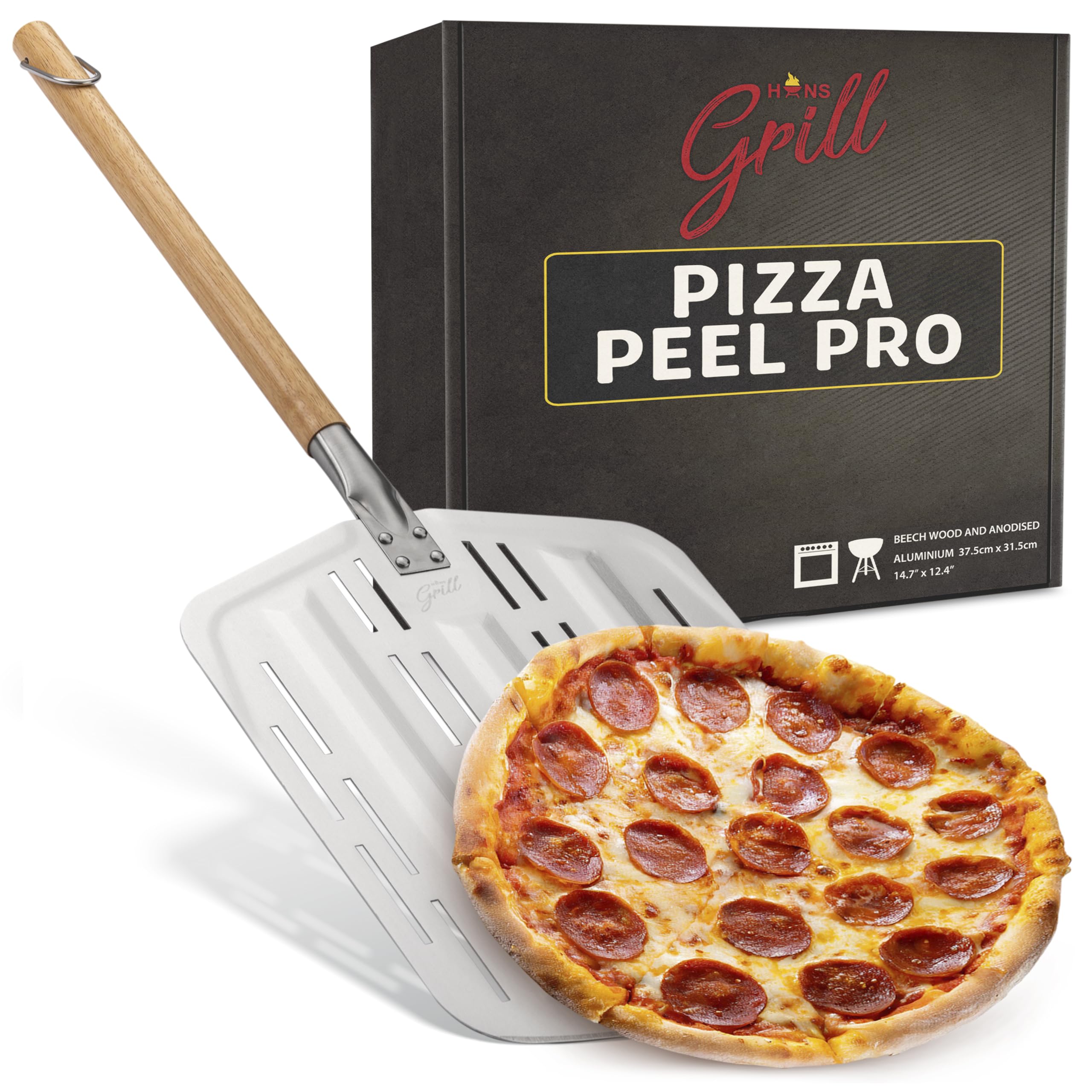 Hans Grill Pizza Peel PRO XL perforated paddle for easy launching and crisper crust.