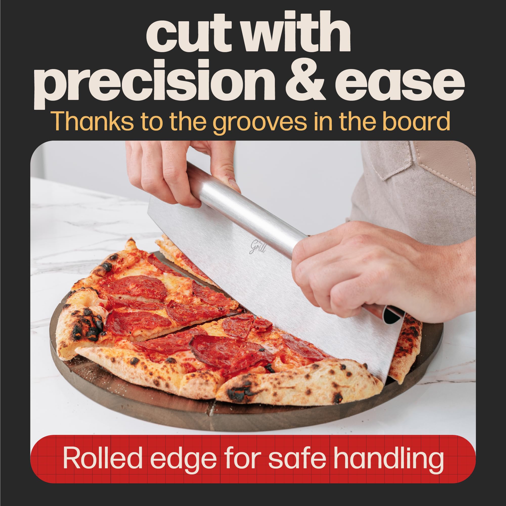 Hans Grill pizza slices on board demonstrate easy serving and sharing.