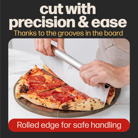 Hans Grill pizza slices on board demonstrate easy serving and sharing.