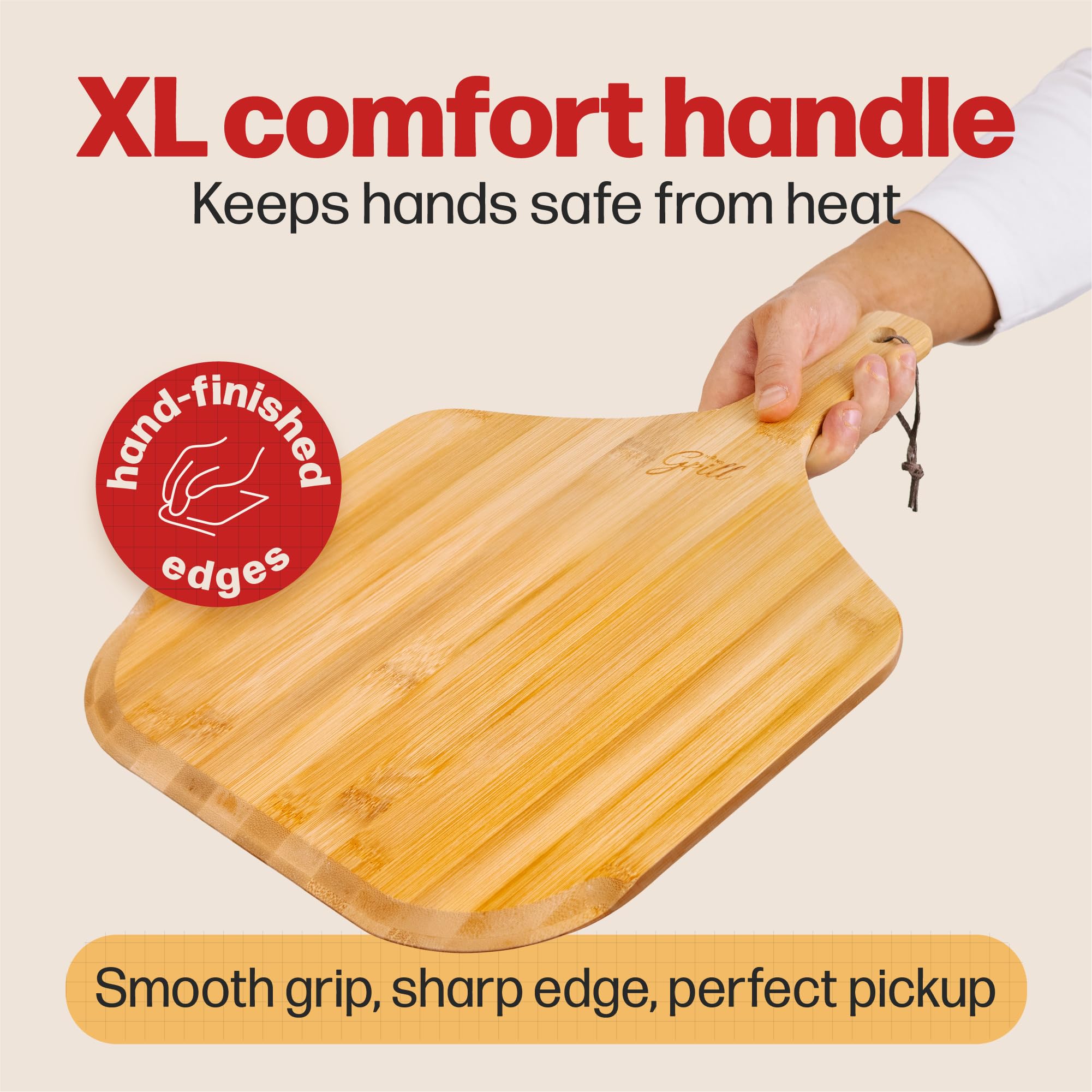 Hans Grill semolina-dusted surface aids non-stick launches.