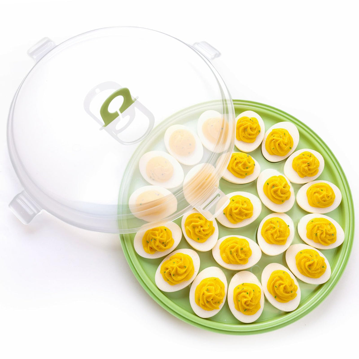 HANSGO deviled egg container with lid shows 22-slot capacity for parties
