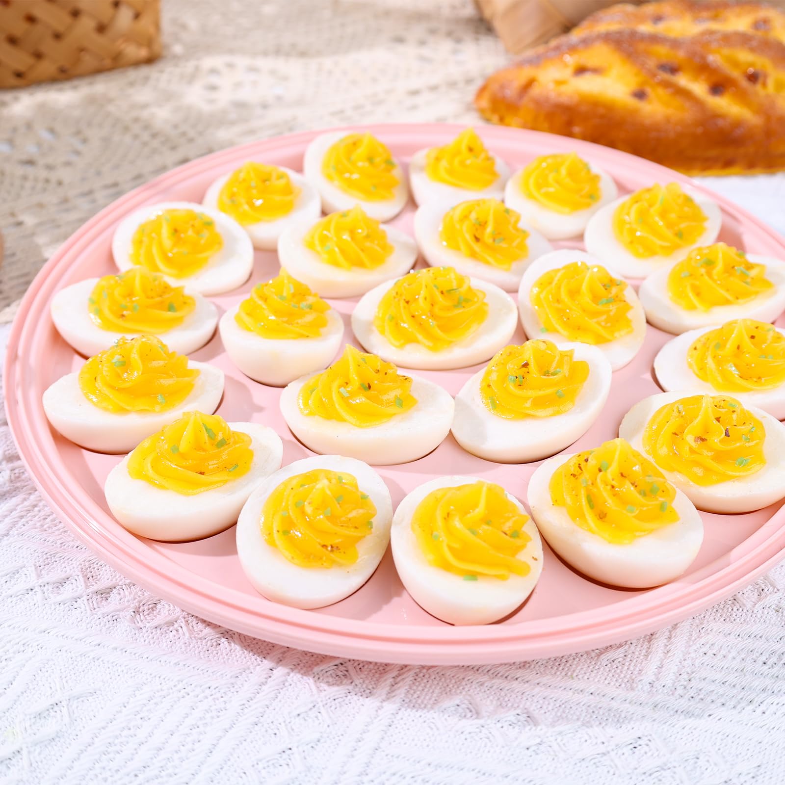 HANSGO pink deviled egg carrier stacks in fridge to save space.