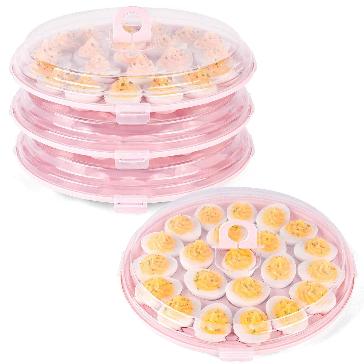HANSGO deviled egg tray with pink lid, stackable base for compact refrigerator storage.