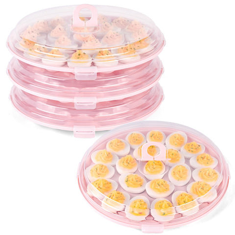 HANSGO deviled egg tray with pink lid, stackable base for compact refrigerator storage.