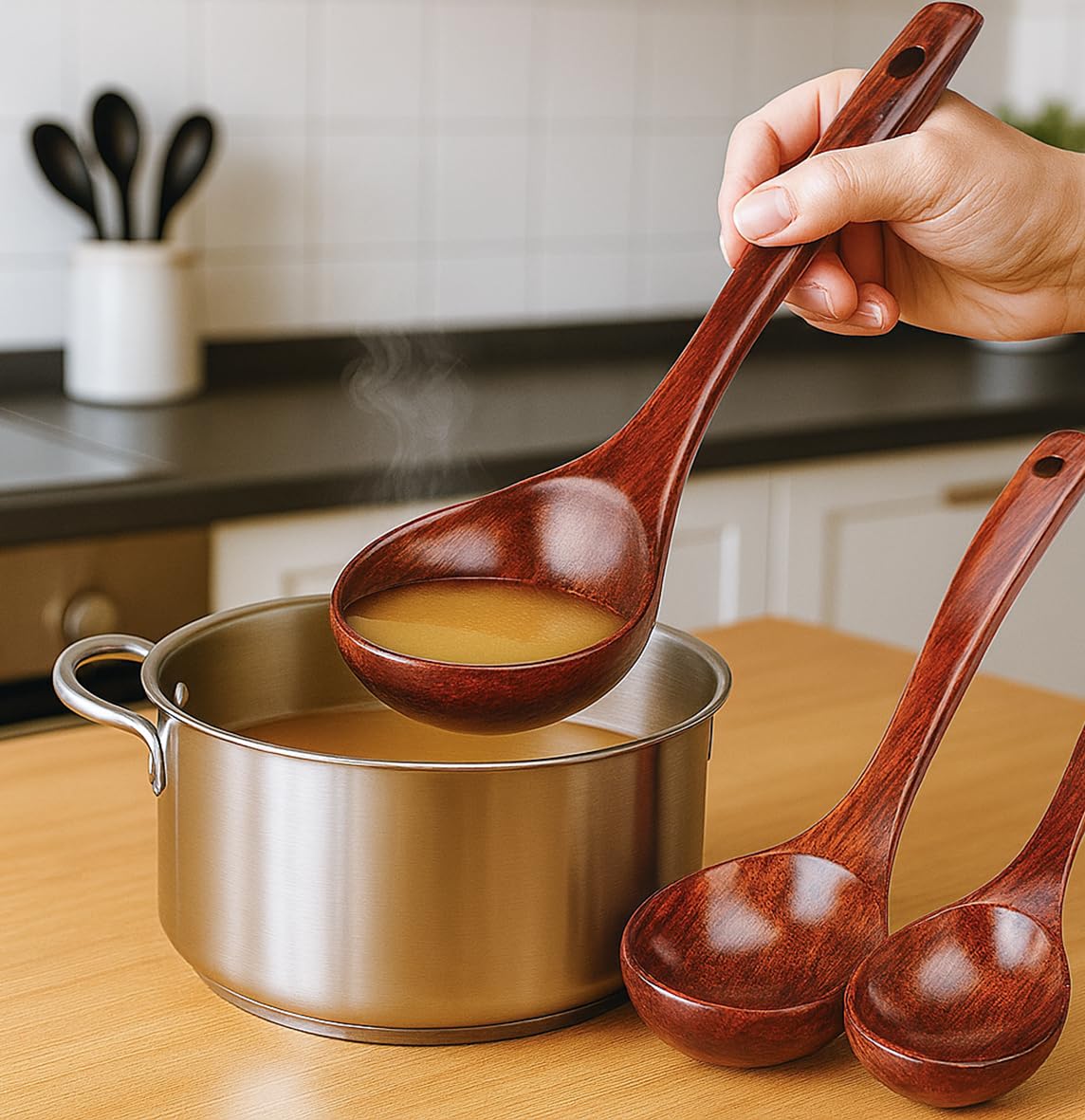 HANSGO medium teak spoon ideal for pasta sauces and batter mixing.