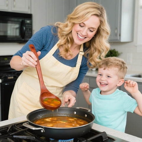 HANSGO wooden utensils set protects nonstick cookware with a smooth surface.