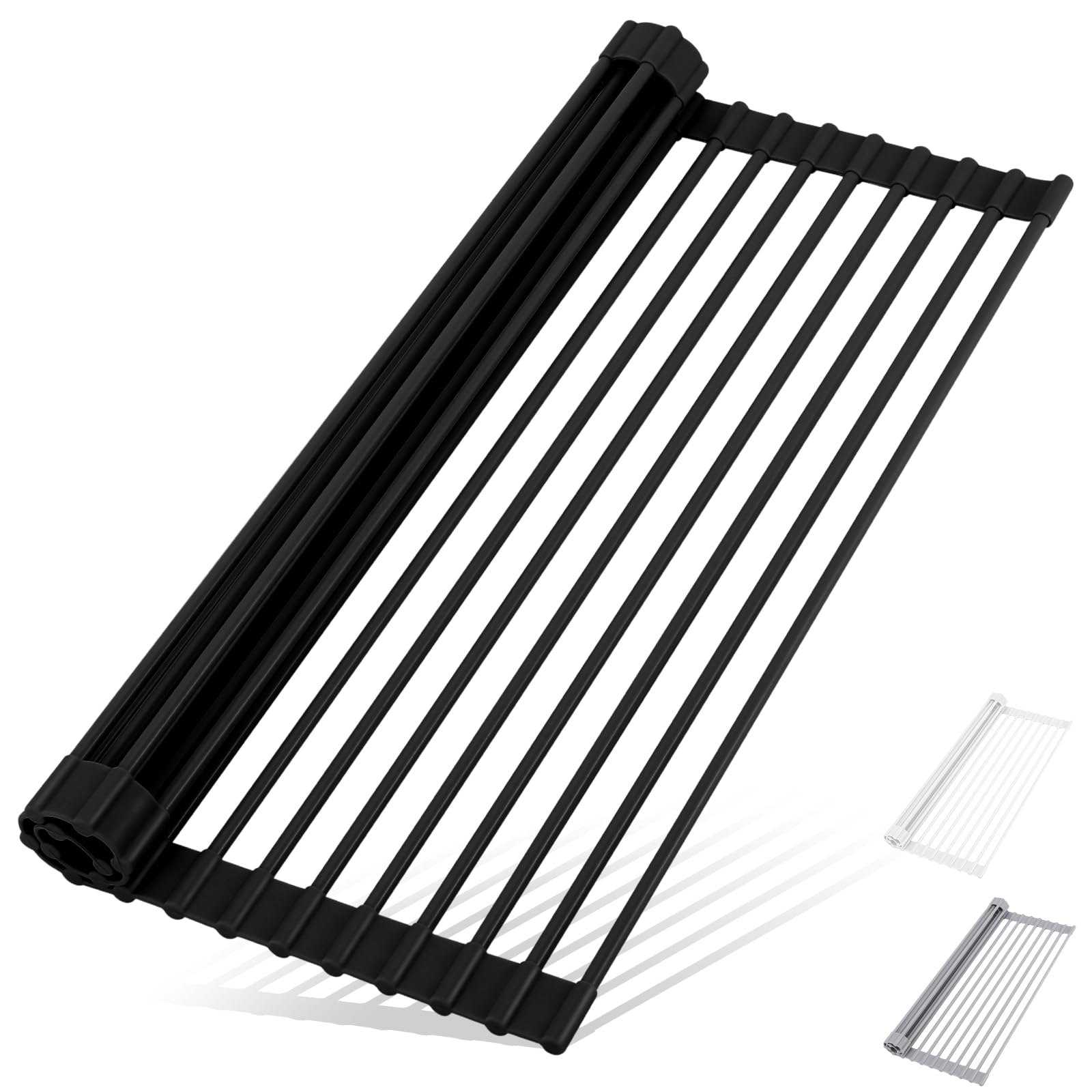 HANZENMA over-sink dish drying rack in black clears counters and dries dishes efficiently.