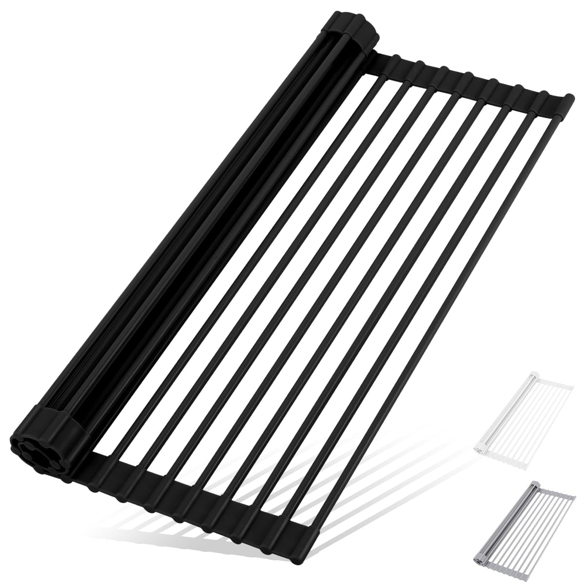 HANZENMA over-sink dish drying rack in black clears counters and dries dishes efficiently.