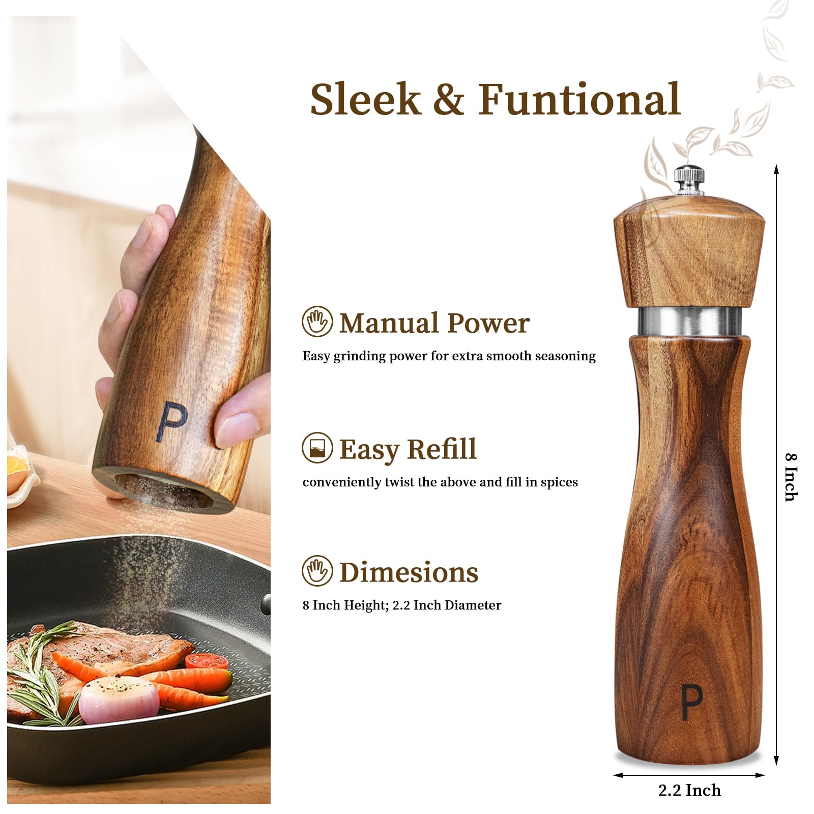 Haomacro acacia wood pepper grinder on dining table, ergonomic modern design