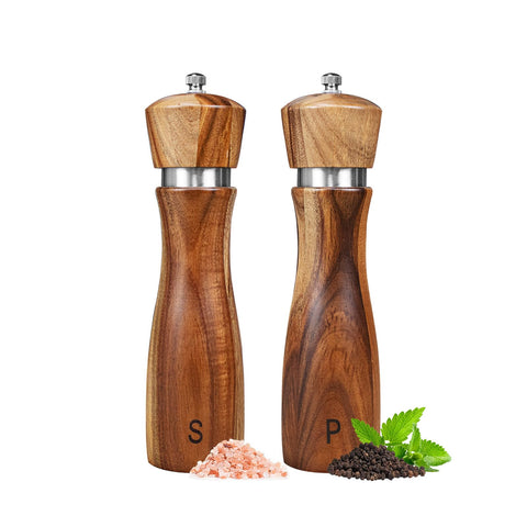 Haomacro acacia wood salt and pepper grinders, 8-inch two-pack for table-ready seasoning