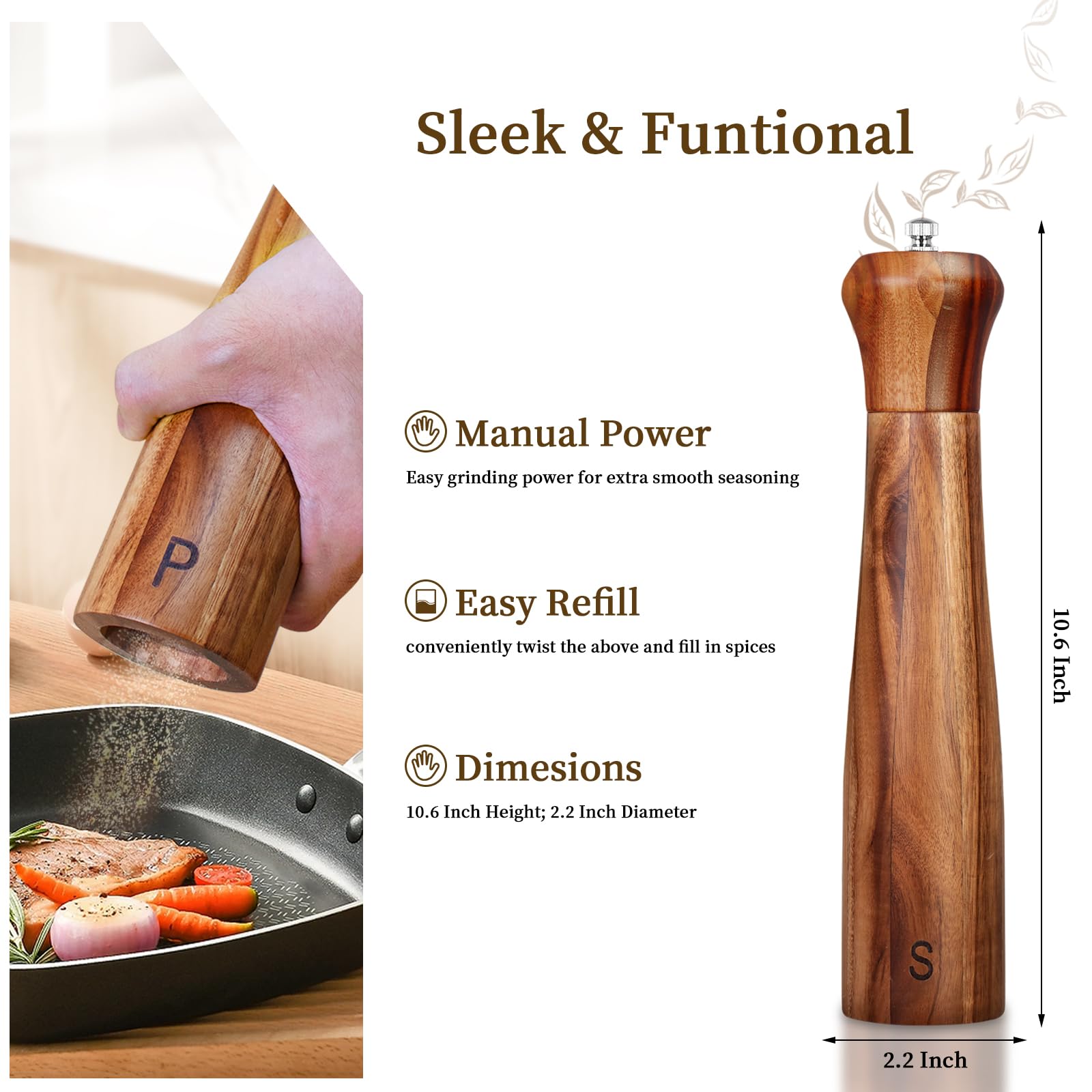 Haomacro top nut adjusts coarseness for coarse to fine seasoning control.