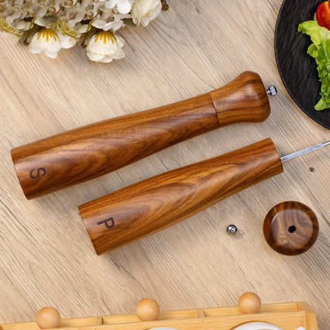 Elegant Haomacro wood grinder set enhances the dining table with versatile seasoning accents.