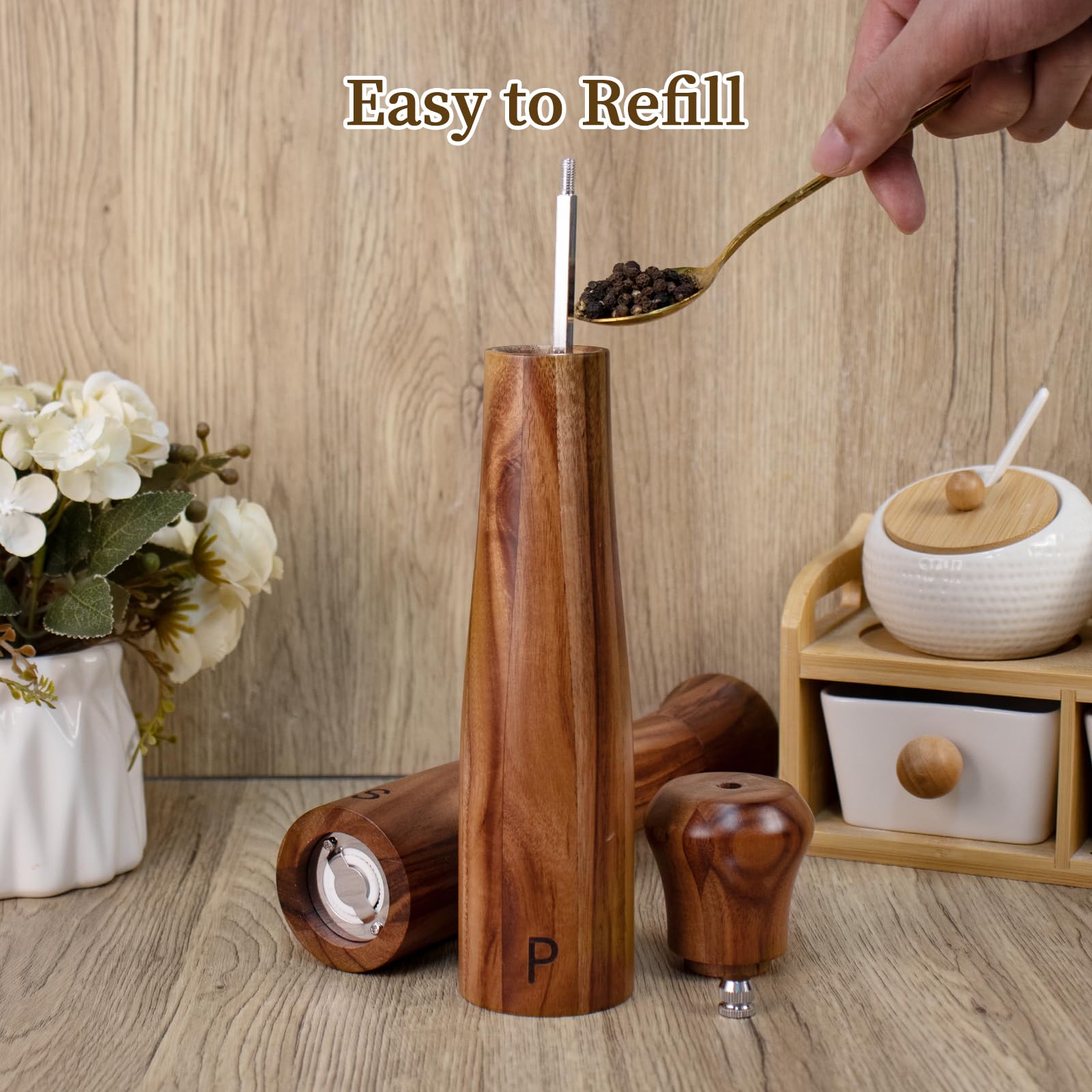 Ergonomic acacia design adds comfortable handling and table-ready style.