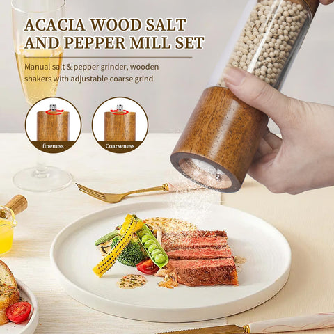 Haomacro salt and pepper grinders clear acrylic body to monitor contents at a glance.