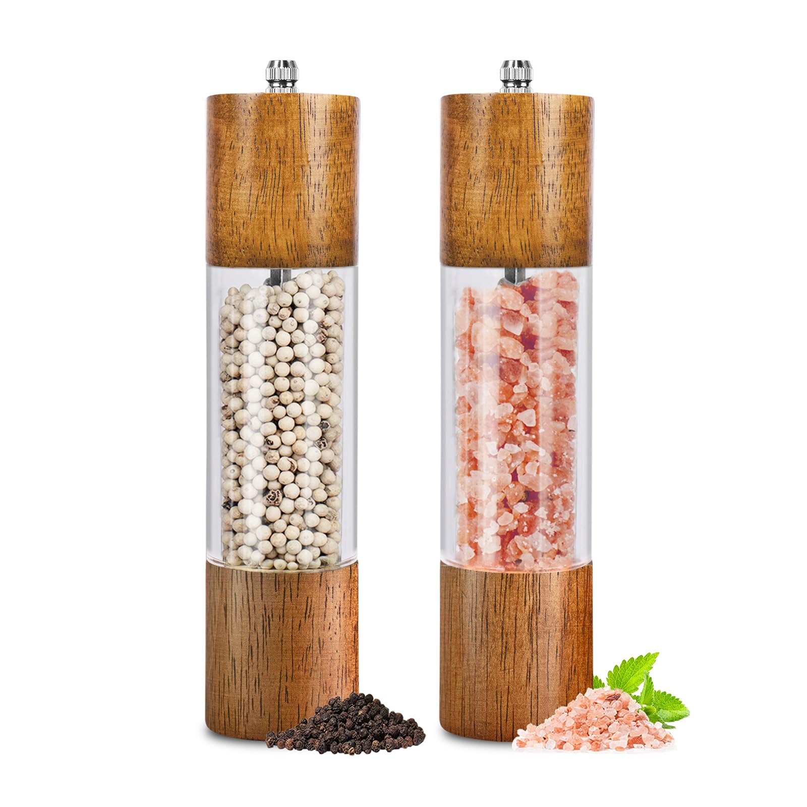 Haomacro salt and pepper grinders front view, elegant oak and acrylic design for table-ready seasoning.