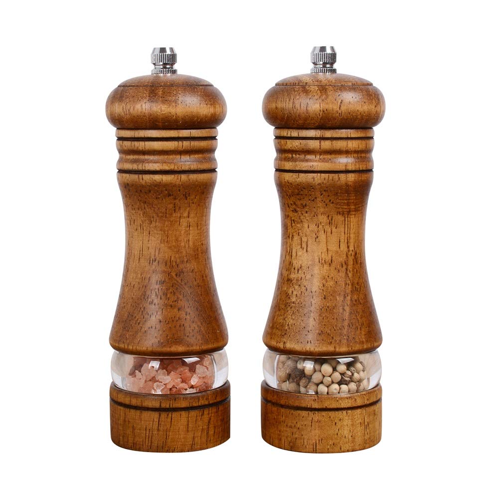 Haomacro wood salt and pepper grinder with acrylic window for easy spice identification.