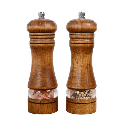 Haomacro wood salt and pepper grinder with acrylic window for easy spice identification.