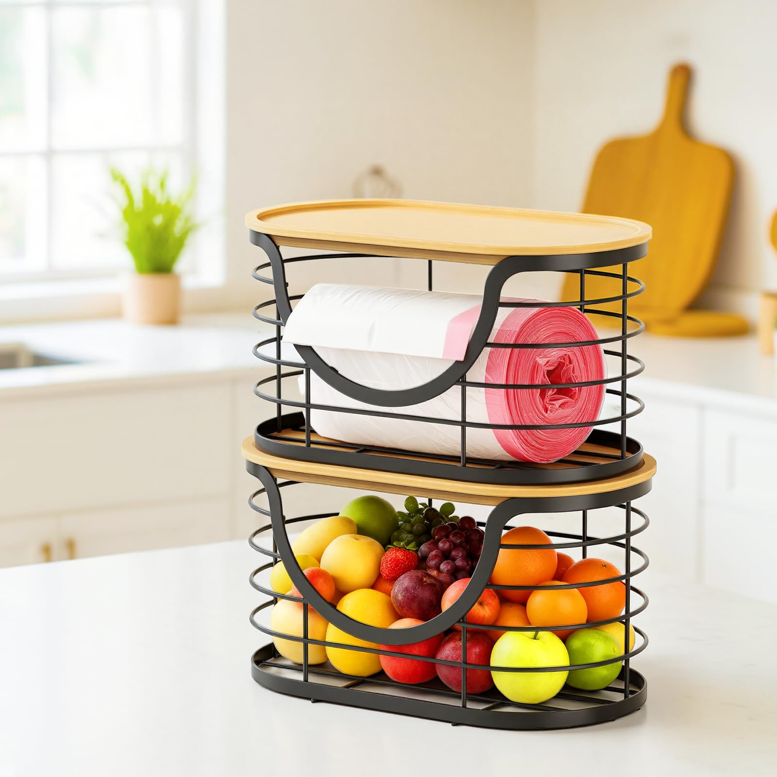 Haotao trashbag-holder-shelf-bamboo-top doubles as a small-item shelf.