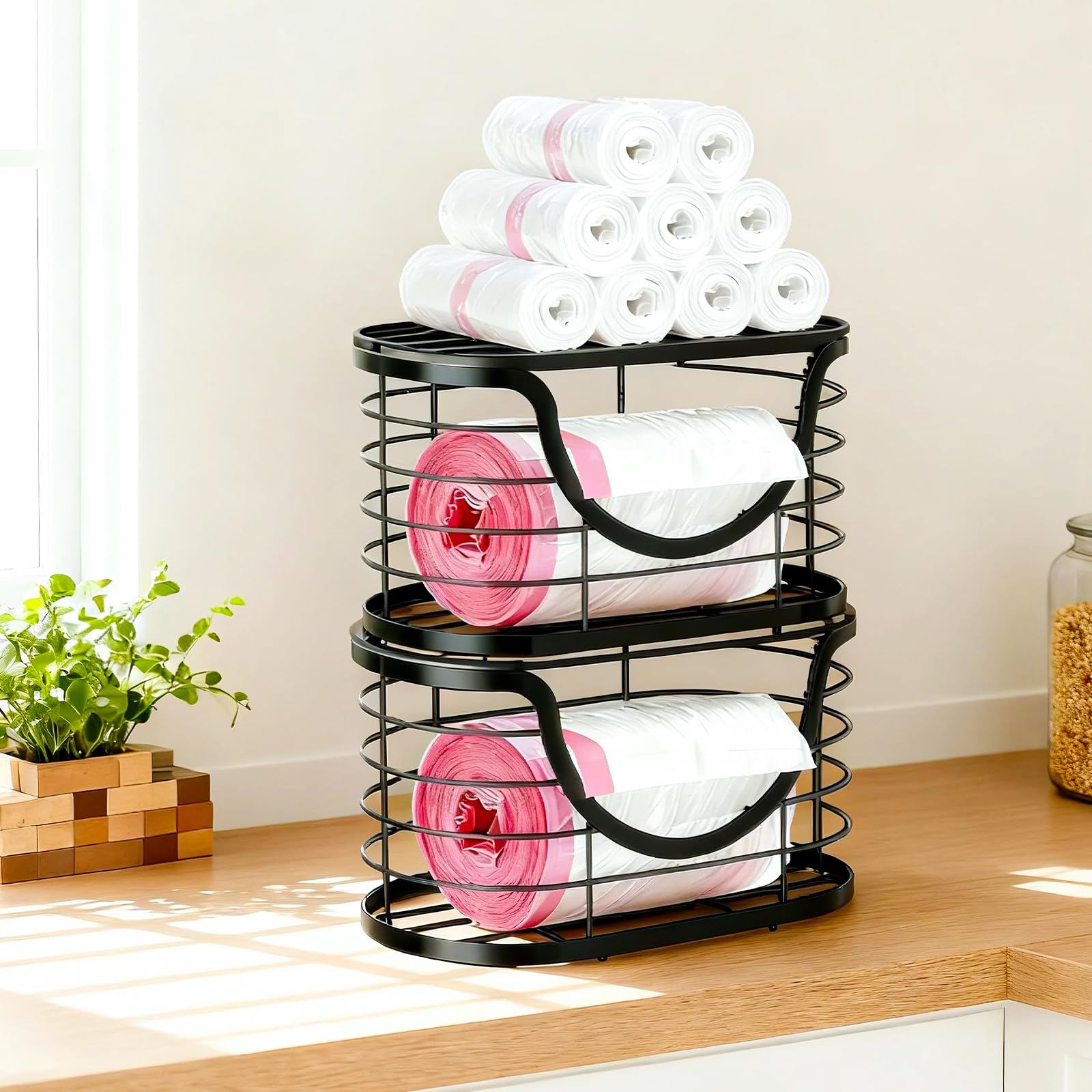 Haotao trashbag-holder two sizes stackable fits different bag rolls in small spaces.