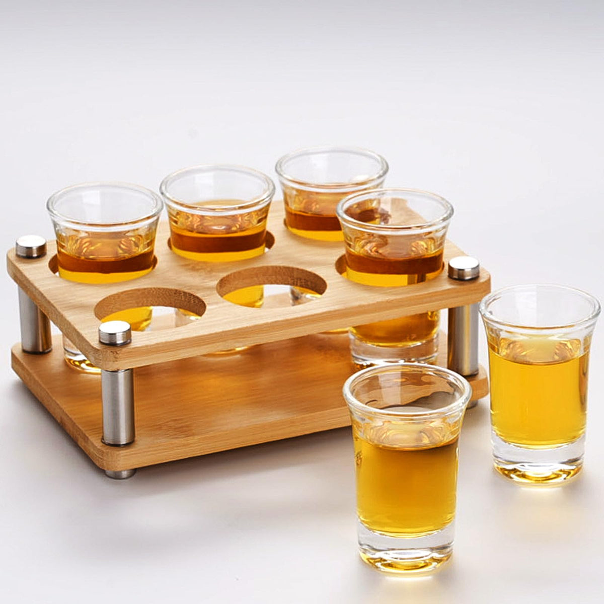 Haoxishui 6-pack shot glasses with holder, front view, elegant party display.