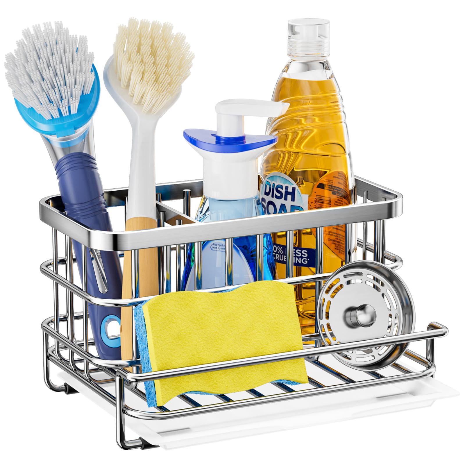 HapiRm kitchen sink caddy with three compartments keeps sponges organized on the counter.