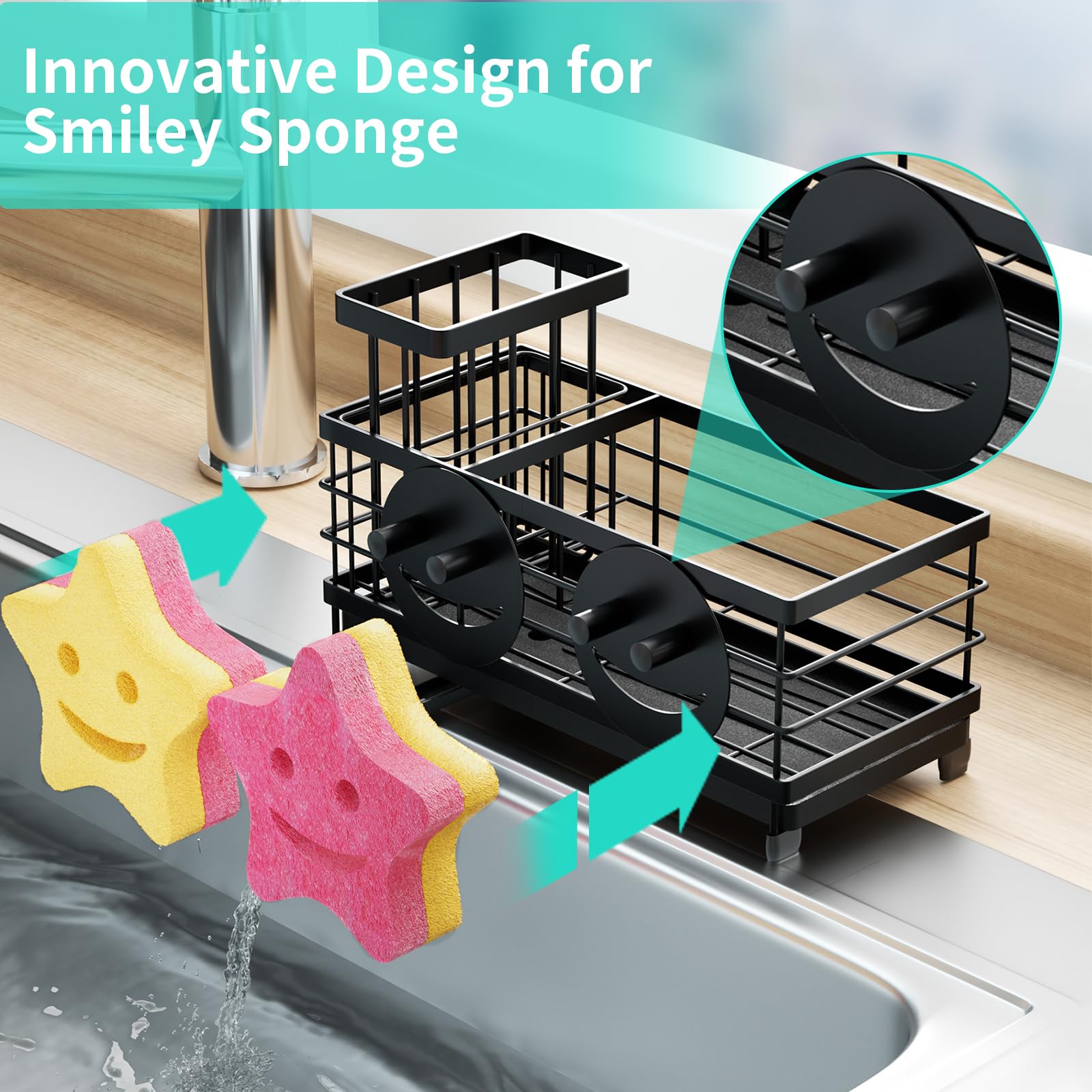 HapiRm sink caddy 360 degree drainage directs water into the sink for dry countertops