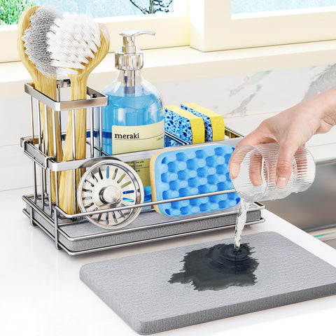 HapiRm sink caddy showing instant-dry mat that keeps the counter dry
