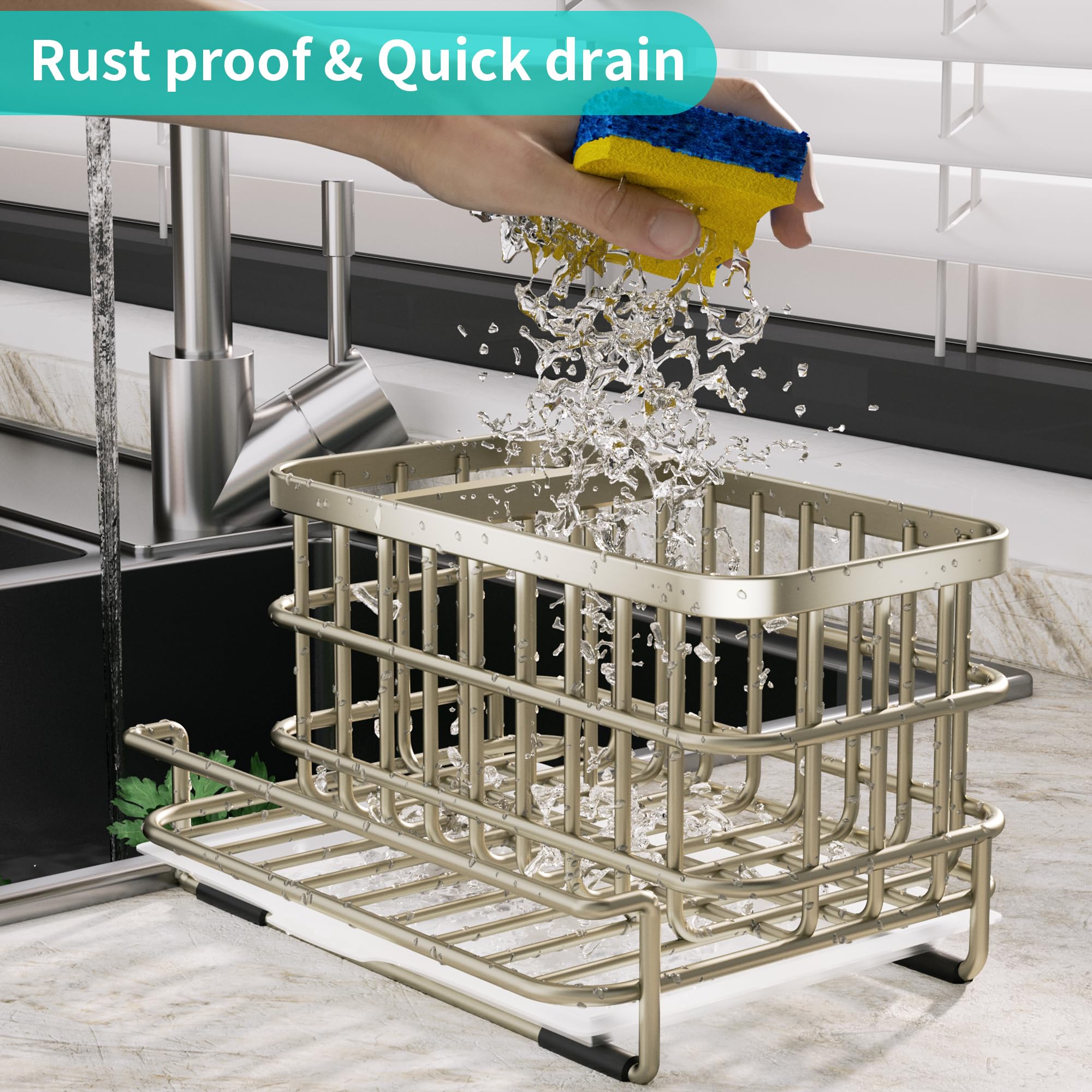 HapiRm 3-compartments sink organizer stores brushes, sponges, and soap bottles for easy access.