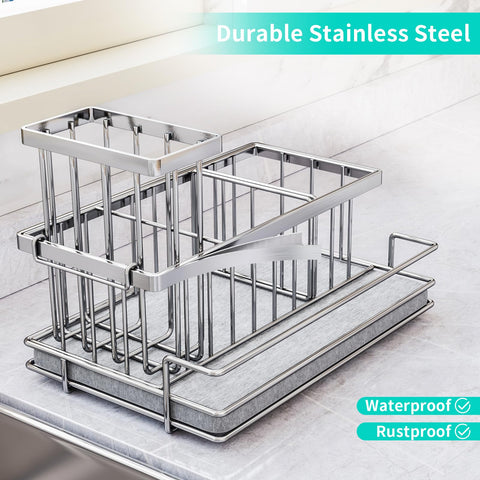 Three-compartment design holds sponges, bottles, and sink stopper