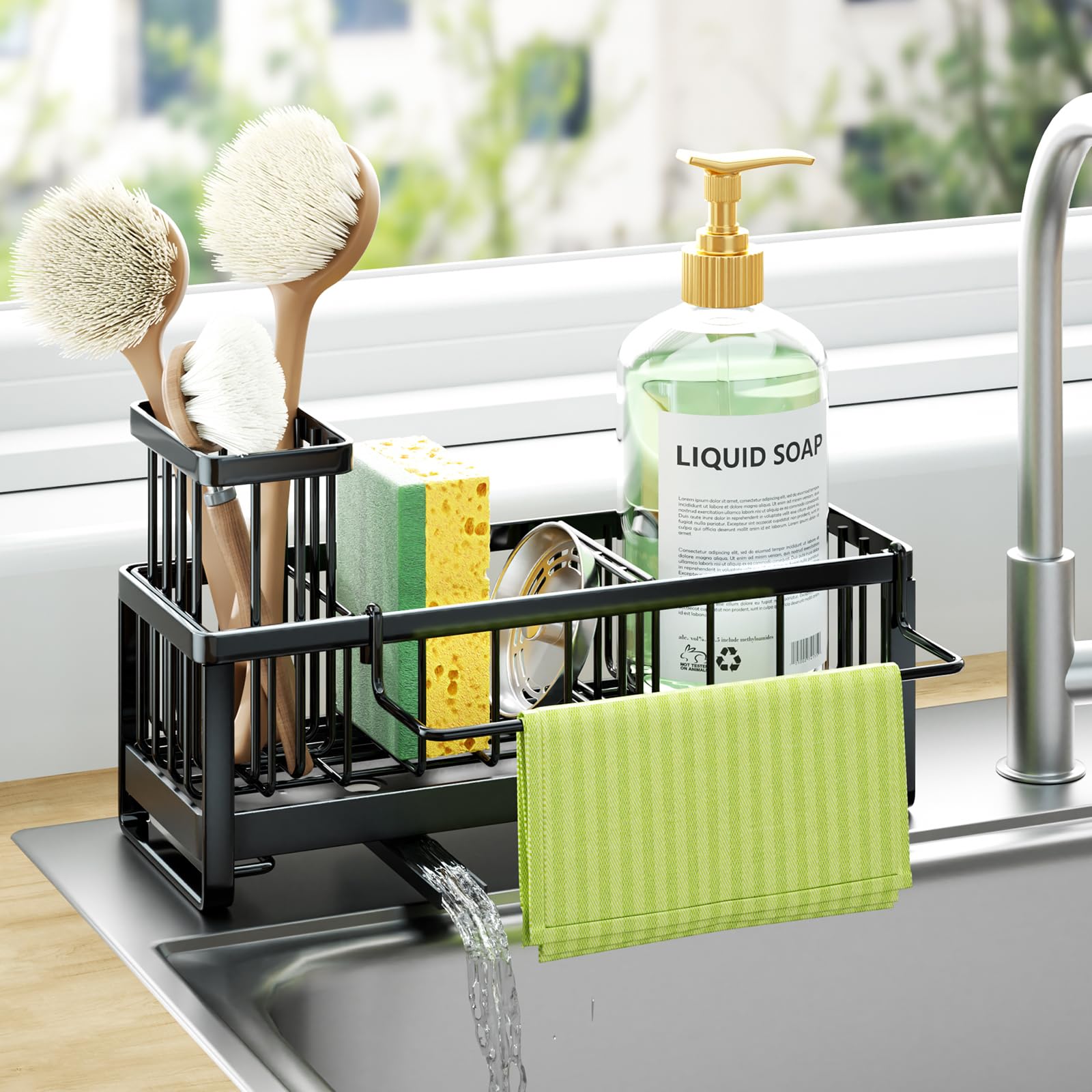 HapiRm sponge holder with 360 drainage directs water into the sink for a dry counter.
