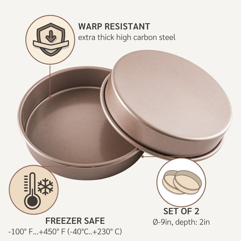 HAPPIELS inner 9x9x2 inch pan dimensions for standard recipes.